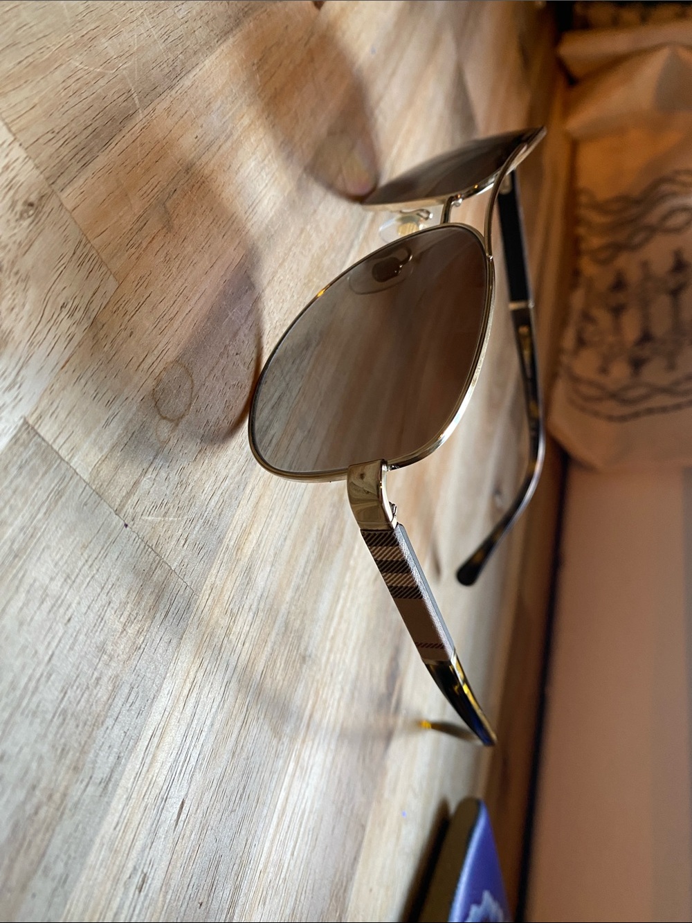Burberry Aviator Sunglasses with Signature Plaid - Gold Frame, Brown Lenses